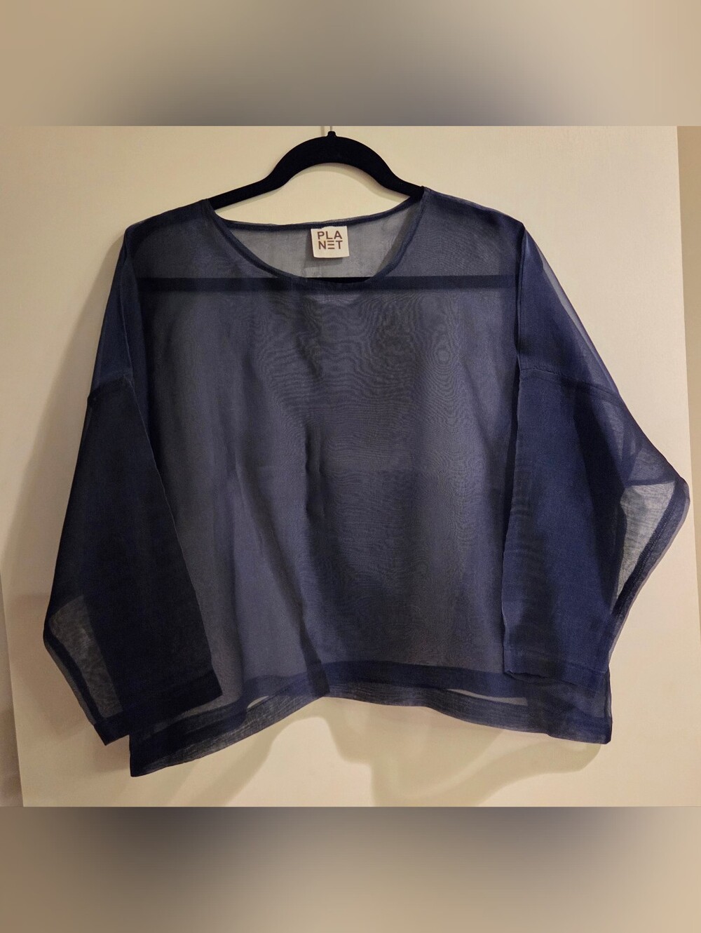 Planet By Lauren G 100%silk Sheer Boxy Crop Top Navy One Size Made In USA
